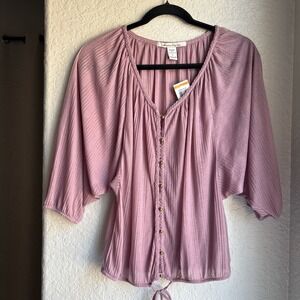 Womens S Long Sleeve Blouse Boho Purple Braided Button Front Tie Flowy V Neck